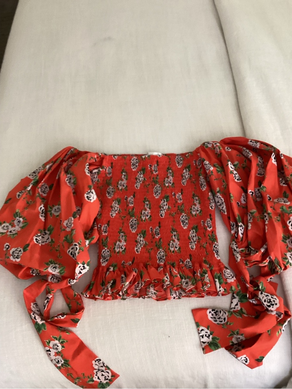 Caroline Constas Floral Print Top Small Smocked Peplum Blouse Red Orange - Picture 14 of 14